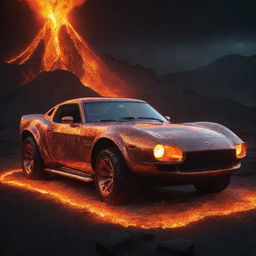 A hot, dynamic scene featuring a stylized car forged from bright, molten magma, giving off a radiant glow against a dark, volcanic background