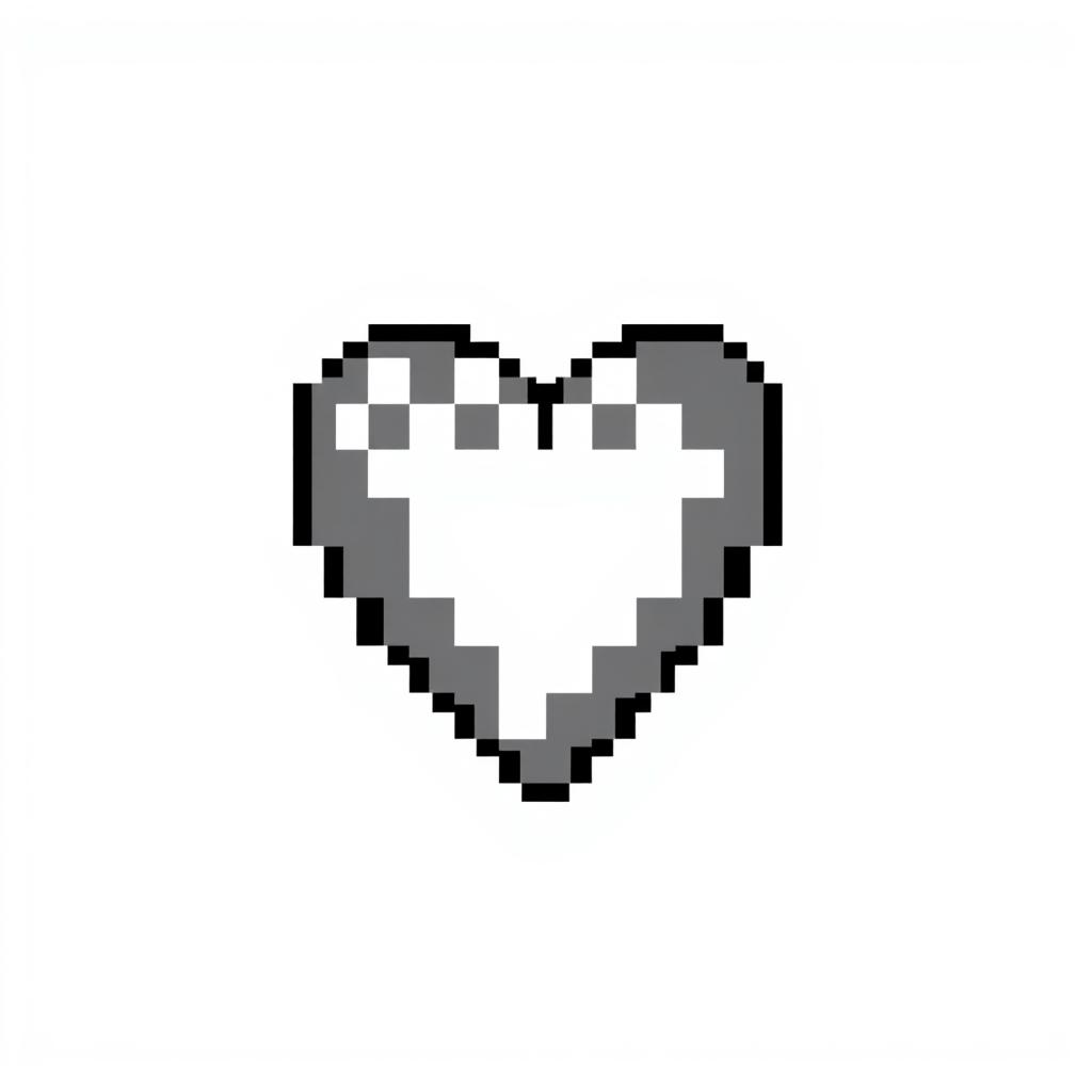 A pixel art heart design in black and white, showcasing a stylized, retro aesthetic