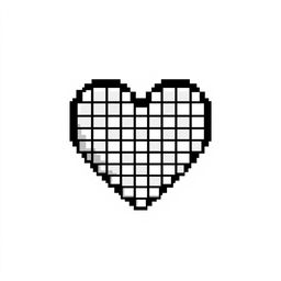 A pixel art heart design in black and white, showcasing a stylized, retro aesthetic