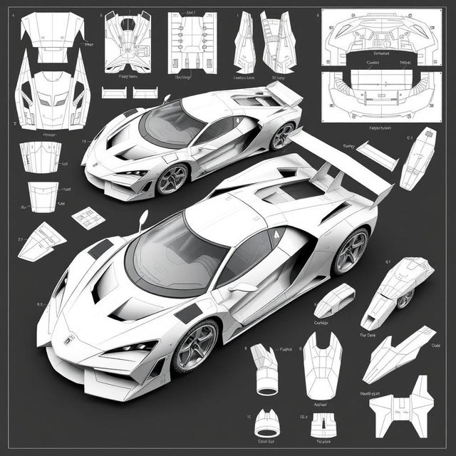 An intricate papercraft plan for a hypercar racer, featuring detailed templates and cutting lines for building a 3D model