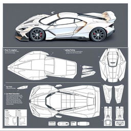 An intricate papercraft plan for a hypercar racer, featuring detailed templates and cutting lines for building a 3D model