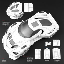 An intricate papercraft plan for a hypercar racer, featuring detailed templates and cutting lines for building a 3D model