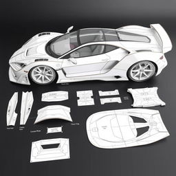 An intricate papercraft plan for a hypercar racer, featuring detailed templates and cutting lines for building a 3D model