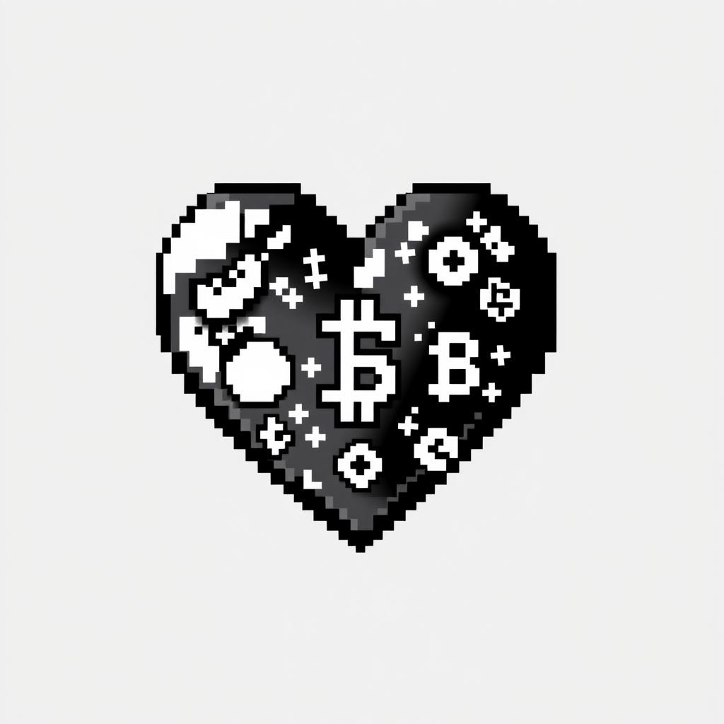 A pixel art representation of a heart, designed in a cryptocurrency theme