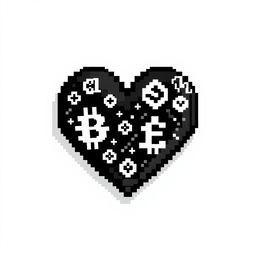 A pixel art representation of a heart, designed in a cryptocurrency theme