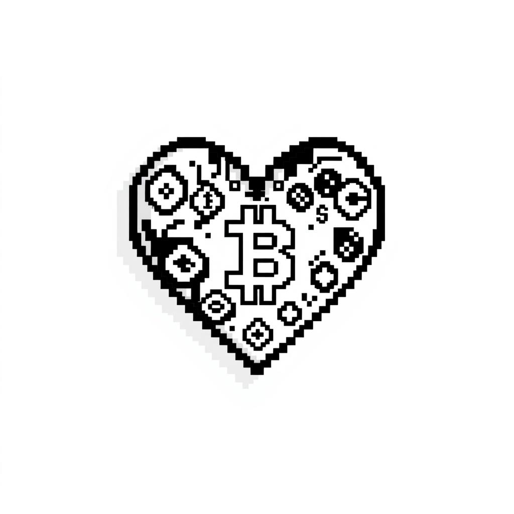 A pixel art representation of a heart, designed in a cryptocurrency theme