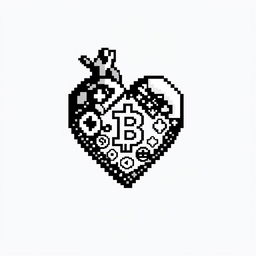 A pixel art representation of a heart, designed in a cryptocurrency theme