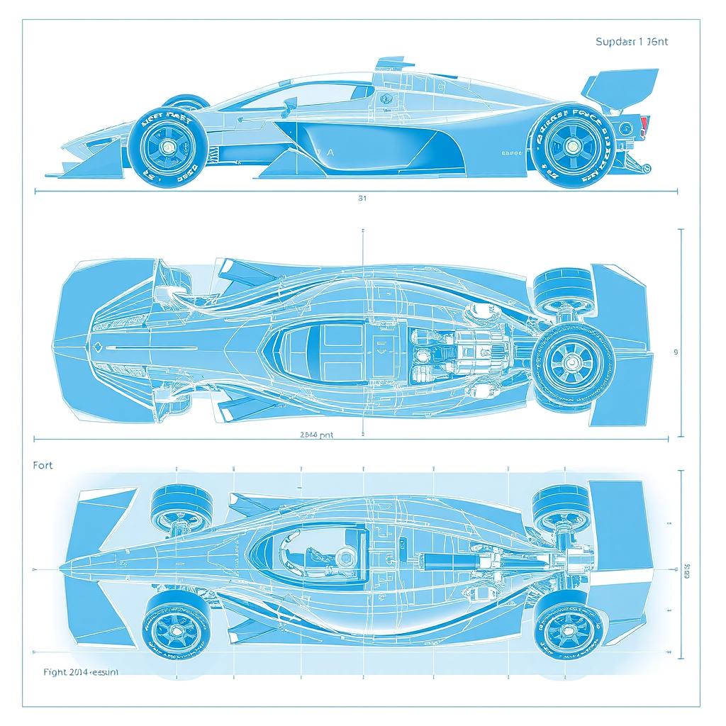 A highly detailed blueprint of the fastest race car ever, showcasing its aerodynamic design and cutting-edge technology