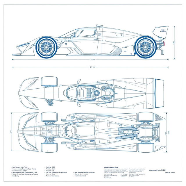 A highly detailed blueprint of the fastest race car ever, showcasing its aerodynamic design and cutting-edge technology