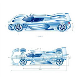 A highly detailed blueprint of the fastest race car ever, showcasing its aerodynamic design and cutting-edge technology