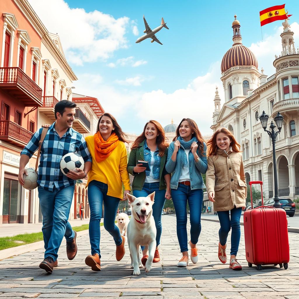 Attractive cover design for a YouTube video featuring a family of five: a father, a mother, two girls, and a cheerful dog, all walking together in a vibrant landscape that blends elements of Rosario, Argentina, with its traditional buildings and streets, alongside iconic features from Madrid, Spain, such as Retiro Park and typical historic architecture