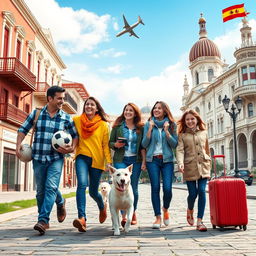 Attractive cover design for a YouTube video featuring a family of five: a father, a mother, two girls, and a cheerful dog, all walking together in a vibrant landscape that blends elements of Rosario, Argentina, with its traditional buildings and streets, alongside iconic features from Madrid, Spain, such as Retiro Park and typical historic architecture