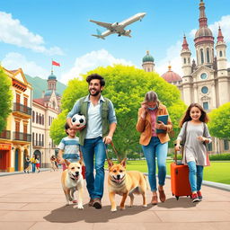 Attractive cover design for a YouTube video featuring a family of five: a father, a mother, two girls, and a cheerful dog, all walking together in a vibrant landscape that blends elements of Rosario, Argentina, with its traditional buildings and streets, alongside iconic features from Madrid, Spain, such as Retiro Park and typical historic architecture