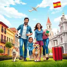 Attractive cover design for a YouTube video featuring a family of five: a father, a mother, two girls, and a cheerful dog, all walking together in a vibrant landscape that blends elements of Rosario, Argentina, with its traditional buildings and streets, alongside iconic features from Madrid, Spain, such as Retiro Park and typical historic architecture