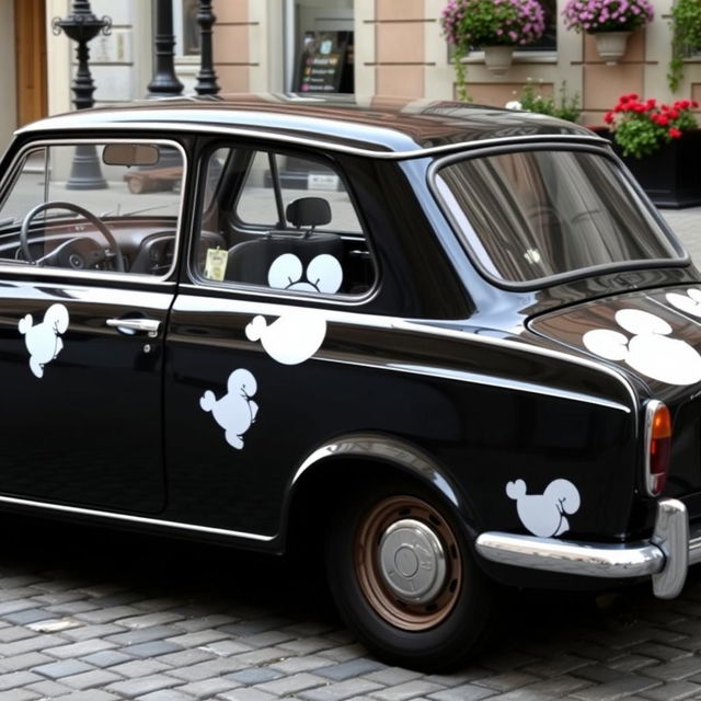 A classic black Seat 124 car adorned with eye-catching white stickers