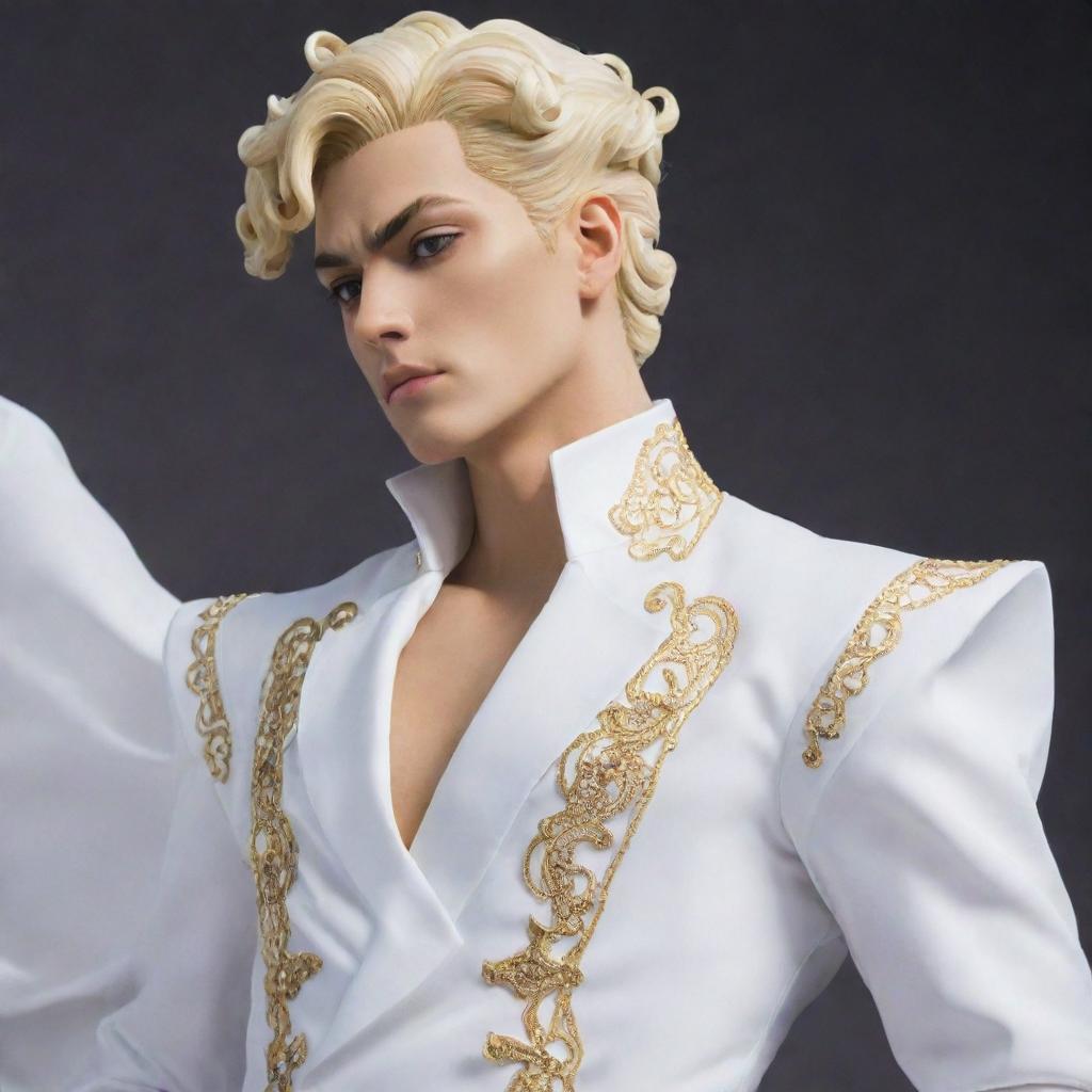 Giorno Giovanni, a character from JoJo's Bizarre Adventure, elegantly dressed in a flowing white dress.