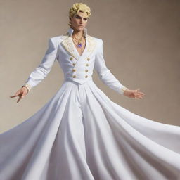 Giorno Giovanni, a character from JoJo's Bizarre Adventure, elegantly dressed in a flowing white dress.