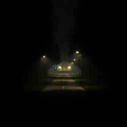 A nighttime scene of a road leading to a school, shrouded in darkness and mystery