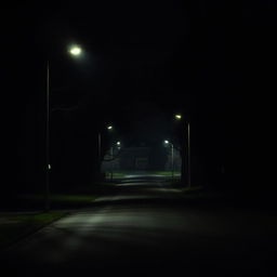 A nighttime scene of a road leading to a school, shrouded in darkness and mystery