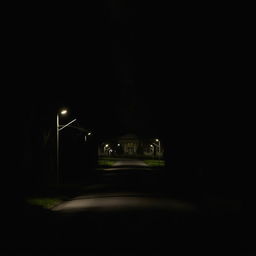 A nighttime scene of a road leading to a school, shrouded in darkness and mystery