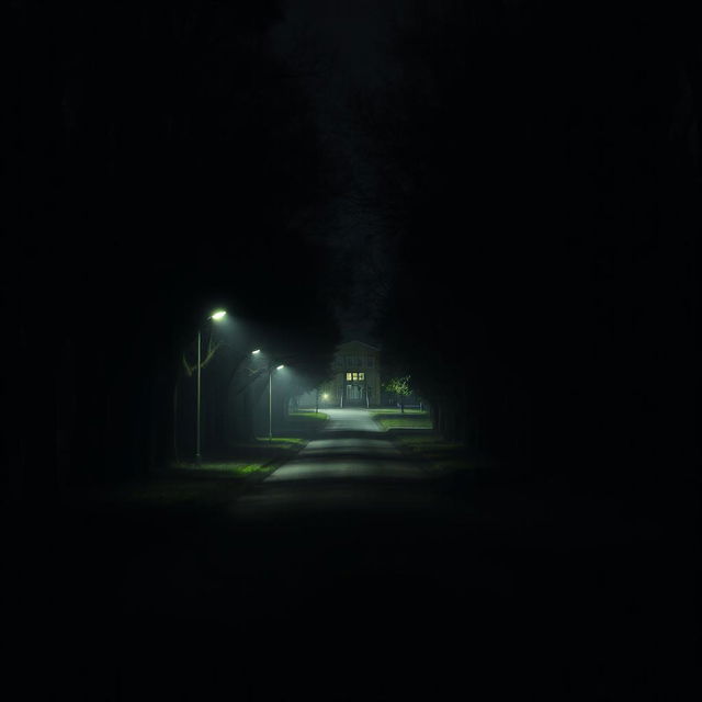 A nighttime scene of a road leading to a school, shrouded in darkness and mystery