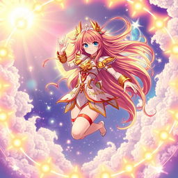 An anime girl with vibrant, flowing hair dressed in a dazzling celestial-themed outfit, exuding an aura of power