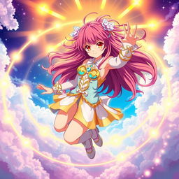 An anime girl with vibrant, flowing hair dressed in a dazzling celestial-themed outfit, exuding an aura of power