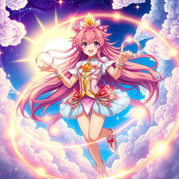 An anime girl with vibrant, flowing hair dressed in a dazzling celestial-themed outfit, exuding an aura of power