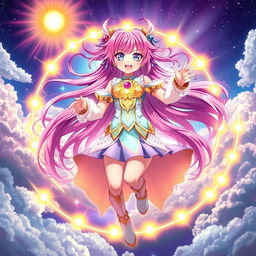 An anime girl with vibrant, flowing hair dressed in a dazzling celestial-themed outfit, exuding an aura of power