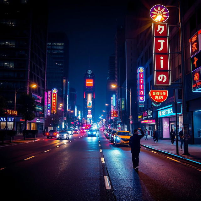 A vibrant nighttime city scene depicting a bustling road illuminated by various streetlights