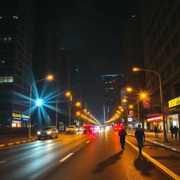 A vibrant nighttime city scene depicting a bustling road illuminated by various streetlights