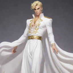 Giorno Giovanni, a character from JoJo's Bizarre Adventure, elegantly dressed in a flowing white dress.