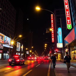 A vibrant nighttime city scene depicting a bustling road illuminated by various streetlights