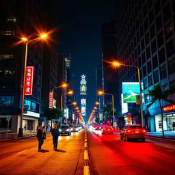 A vibrant nighttime city scene depicting a bustling road illuminated by various streetlights