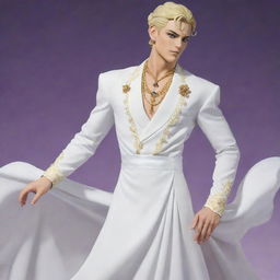 Giorno Giovanni, a character from JoJo's Bizarre Adventure, elegantly dressed in a flowing white dress.