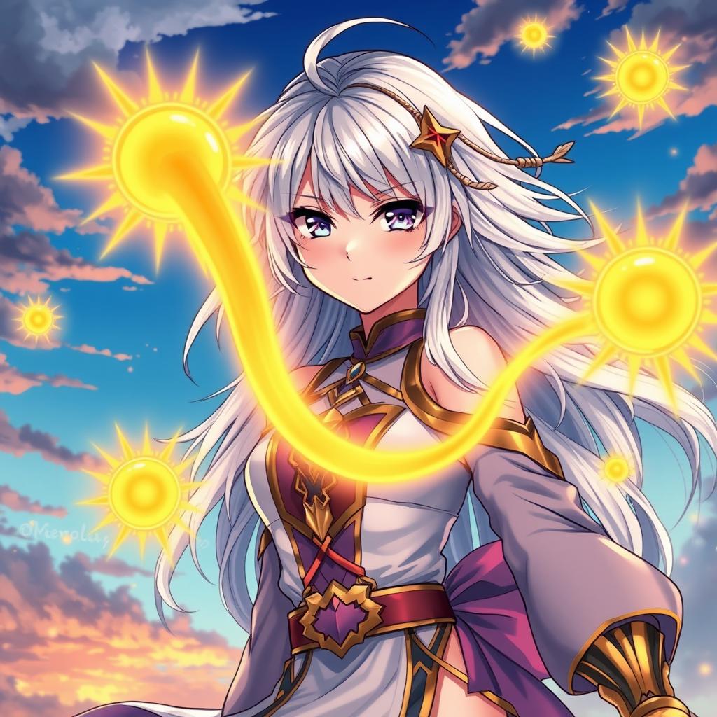 A detailed illustration of an anime girl with beautiful, flowing silver hair, radiating energy and confidence