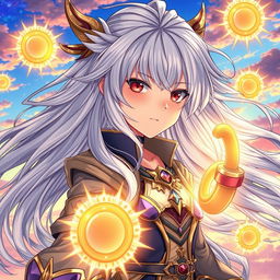 A detailed illustration of an anime girl with beautiful, flowing silver hair, radiating energy and confidence