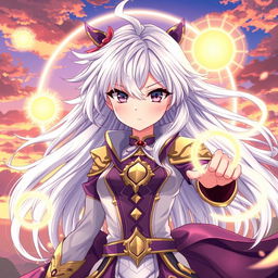 A detailed illustration of an anime girl with beautiful, flowing silver hair, radiating energy and confidence