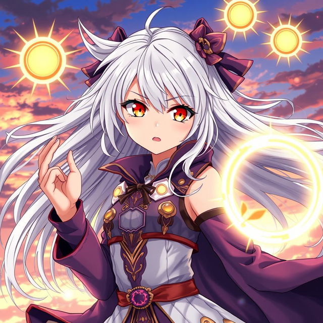 A detailed illustration of an anime girl with beautiful, flowing silver hair, radiating energy and confidence