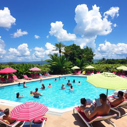 A vibrant outdoor swimming pool scene on a sunny day, featuring a chic, modern pool with crystal clear water