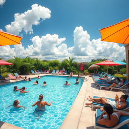 A vibrant outdoor swimming pool scene on a sunny day, featuring a chic, modern pool with crystal clear water