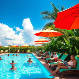 A vibrant outdoor swimming pool scene on a sunny day, featuring a chic, modern pool with crystal clear water