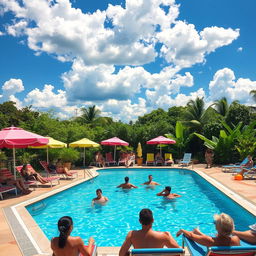 A vibrant outdoor swimming pool scene on a sunny day, featuring a chic, modern pool with crystal clear water