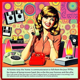 An old 1970s retro-style poster featuring a woman engaged in a lively conversation on a classic home phone