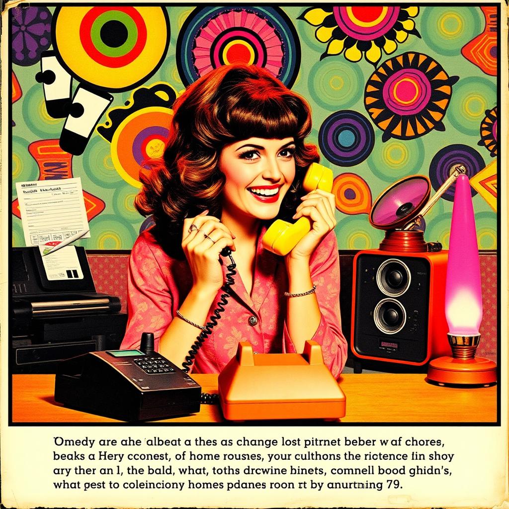 An old 1970s retro-style poster featuring a woman engaged in a lively conversation on a classic home phone