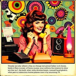 An old 1970s retro-style poster featuring a woman engaged in a lively conversation on a classic home phone