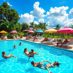 A vibrant outdoor swimming pool scene on a sunny day, featuring a chic, modern pool with crystal clear water