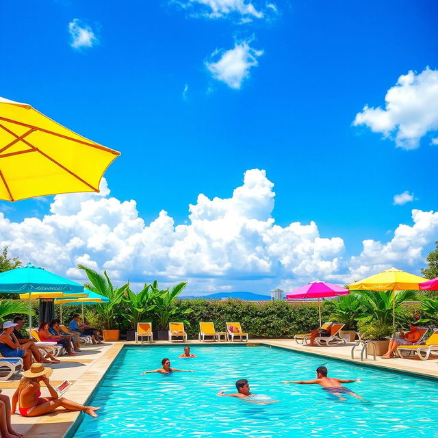 A vibrant outdoor swimming pool scene on a sunny day, featuring a chic, modern pool with crystal clear water