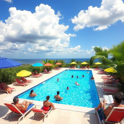 A vibrant outdoor swimming pool scene on a sunny day, featuring a chic, modern pool with crystal clear water