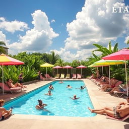 A vibrant outdoor swimming pool scene on a sunny day, featuring a chic, modern pool with crystal clear water